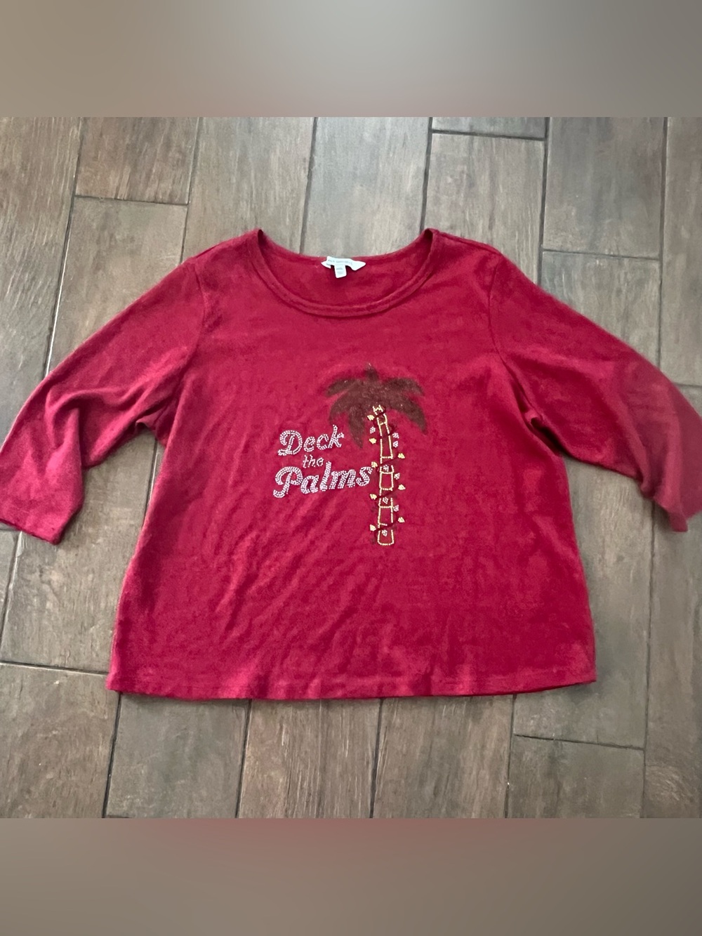Emily Daniels 3/4 Sleeve Red Deck the Palms Sweater size Petite XL